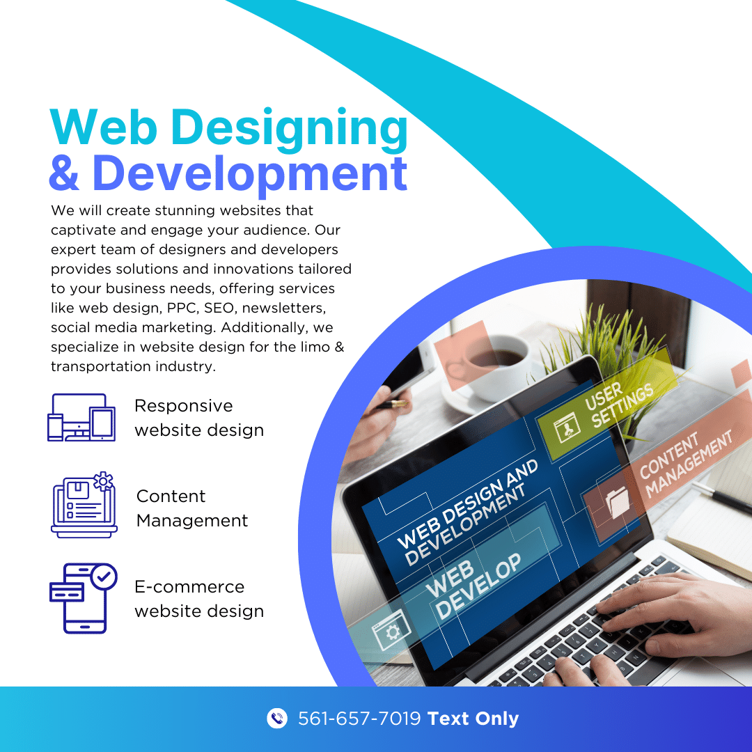 We will create stunning websites that captivate and engage your audience. Our expert team of designers and developers provides solutions and innovations tailored to your business needs, offering services like web design, PPC, SEO, newsletters, social media marketing. Additionally, we specialize in website design for the limo & transportation industry.